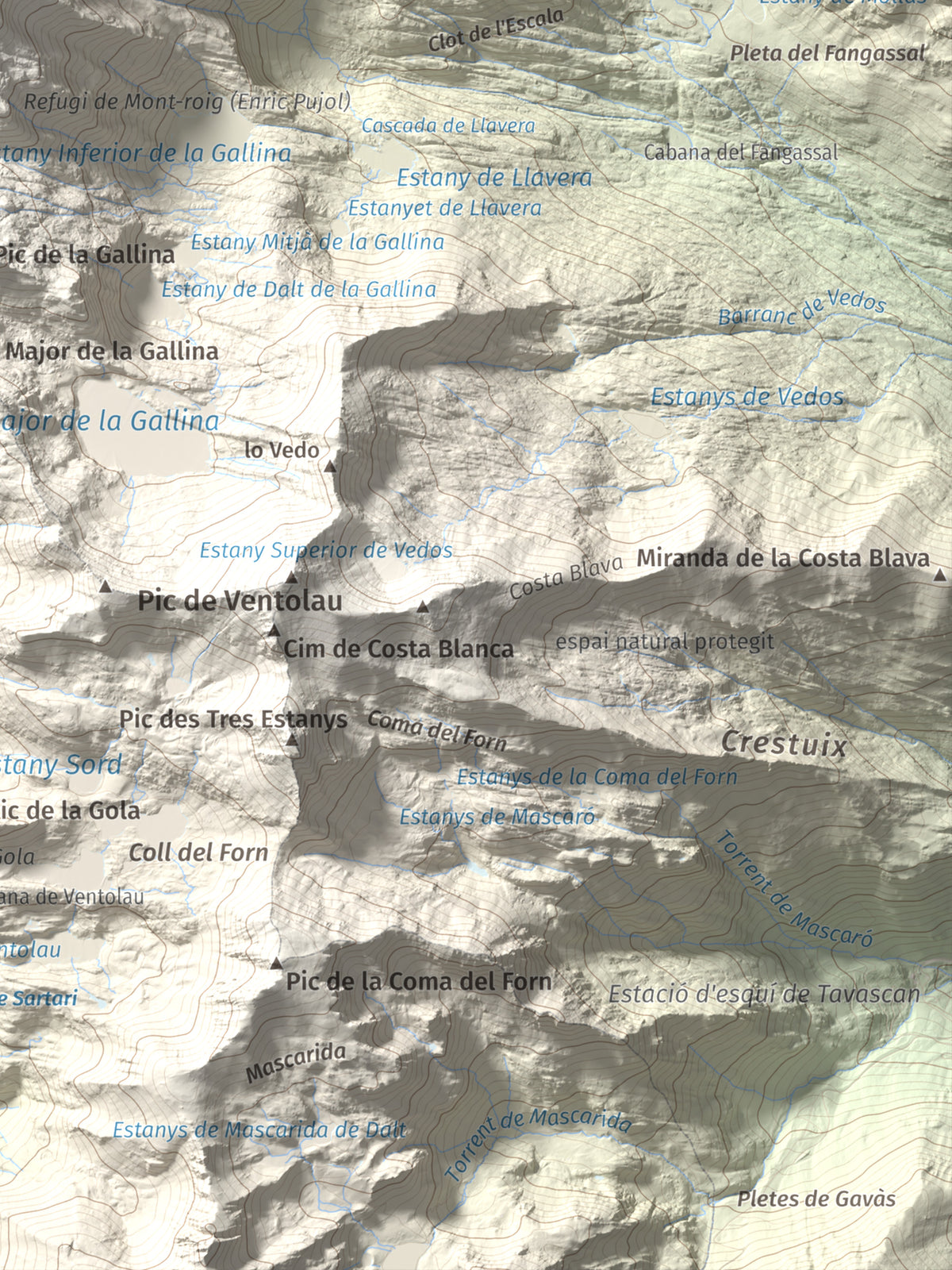 Mapa de relieve de Mont-roig, 2864 m, Pallars Sobirà, lámina 100 Cims de Trobart. Detalle de la zona inferior derecha. 30 × 40 cm.