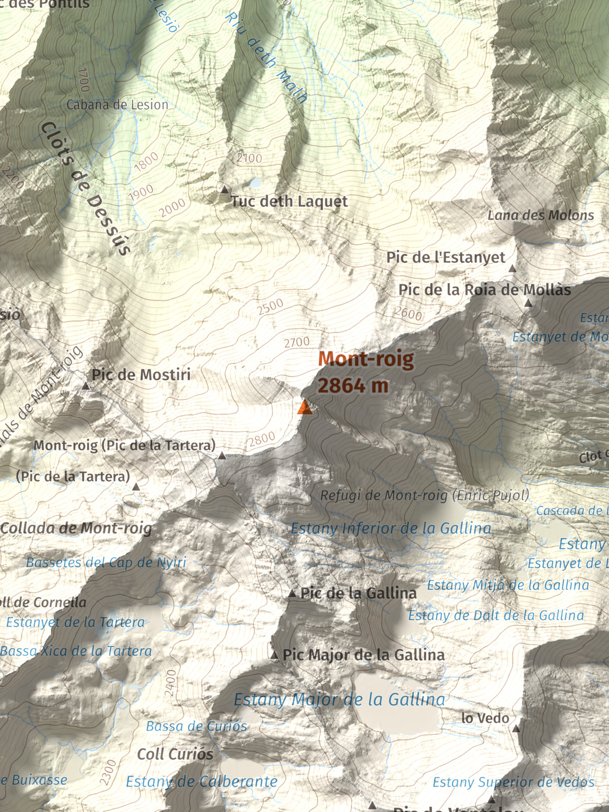 Mapa de relieve de Mont-roig, 2864 m, Pallars Sobirà, lámina 100 Cims de Trobart. Detalle de la zona central. 30 × 40 cm.