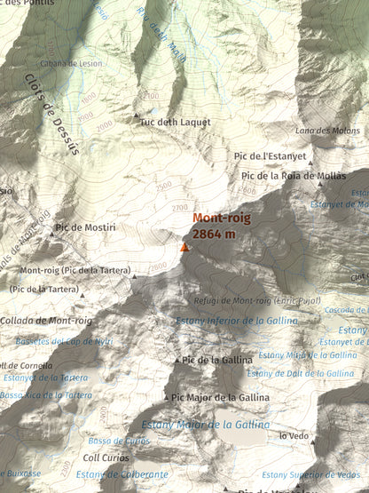 Mapa de relieve de Mont-roig, 2864 m, Pallars Sobirà, lámina 100 Cims de Trobart. Detalle de la zona central. 30 × 40 cm.
