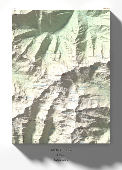 Mapa de relieve de Mont-roig, 2864 m, Pallars Sobirà, lámina 100 Cims de Trobart 50 × 70 cm.