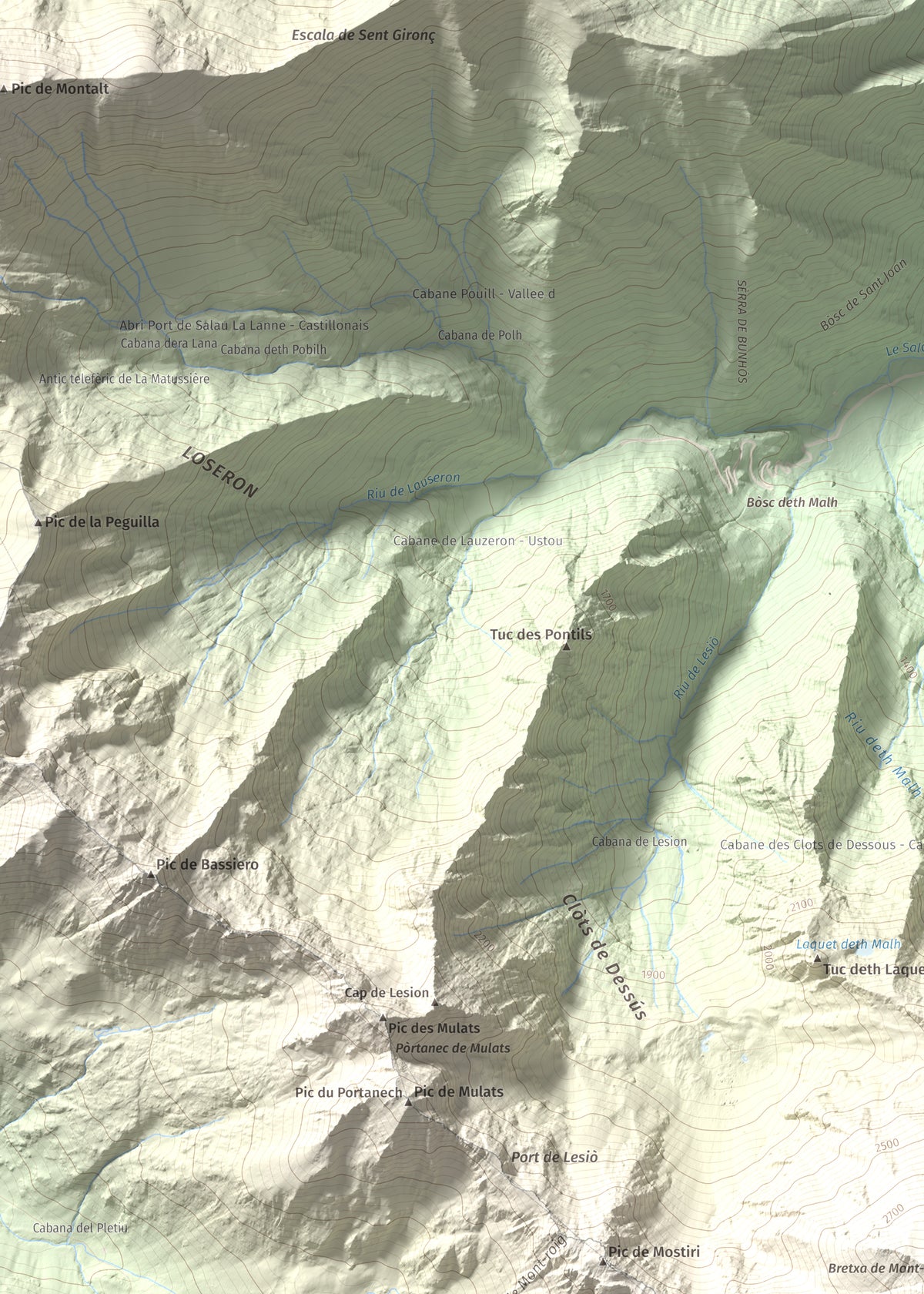Mapa de relieve de Mont-roig, 2864 m, Pallars Sobirà, lámina 100 Cims de Trobart. Detalle de la zona superior izquierda. 50 × 70 cm.
