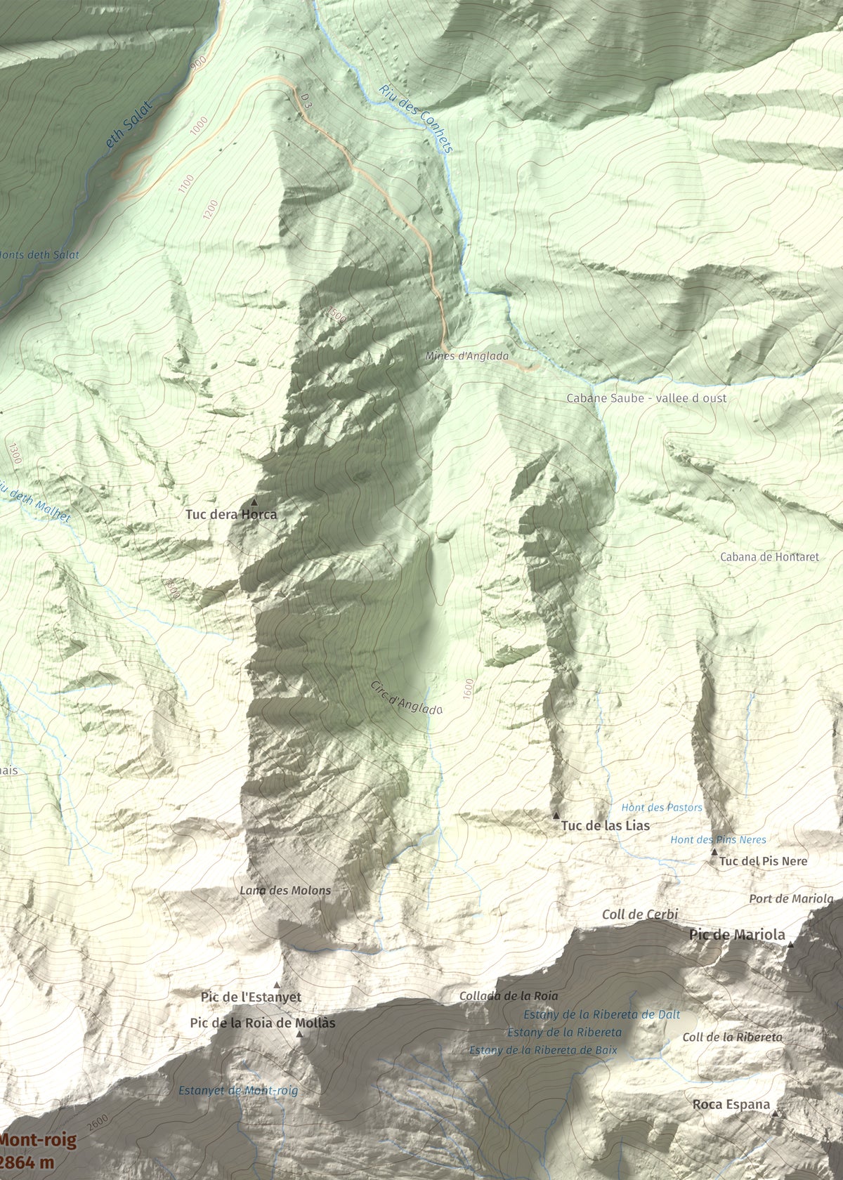 Mapa de relieve de Mont-roig, 2864 m, Pallars Sobirà, lámina 100 Cims de Trobart. Detalle de la zona superior derecha. 50 × 70 cm.