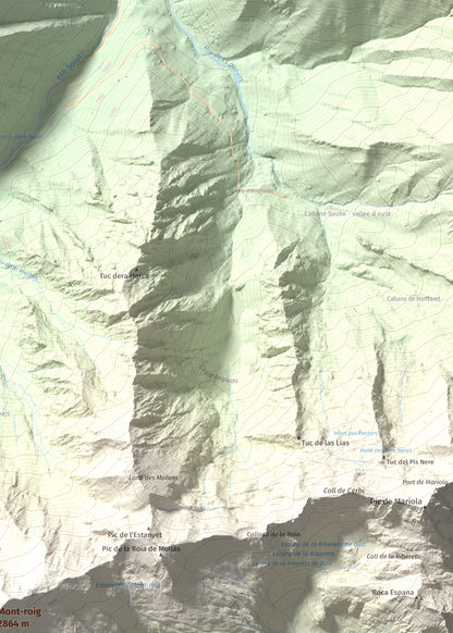 Mapa de relieve de Mont-roig, 2864 m, Pallars Sobirà, lámina 100 Cims de Trobart. Detalle de la zona superior derecha. 50 × 70 cm.