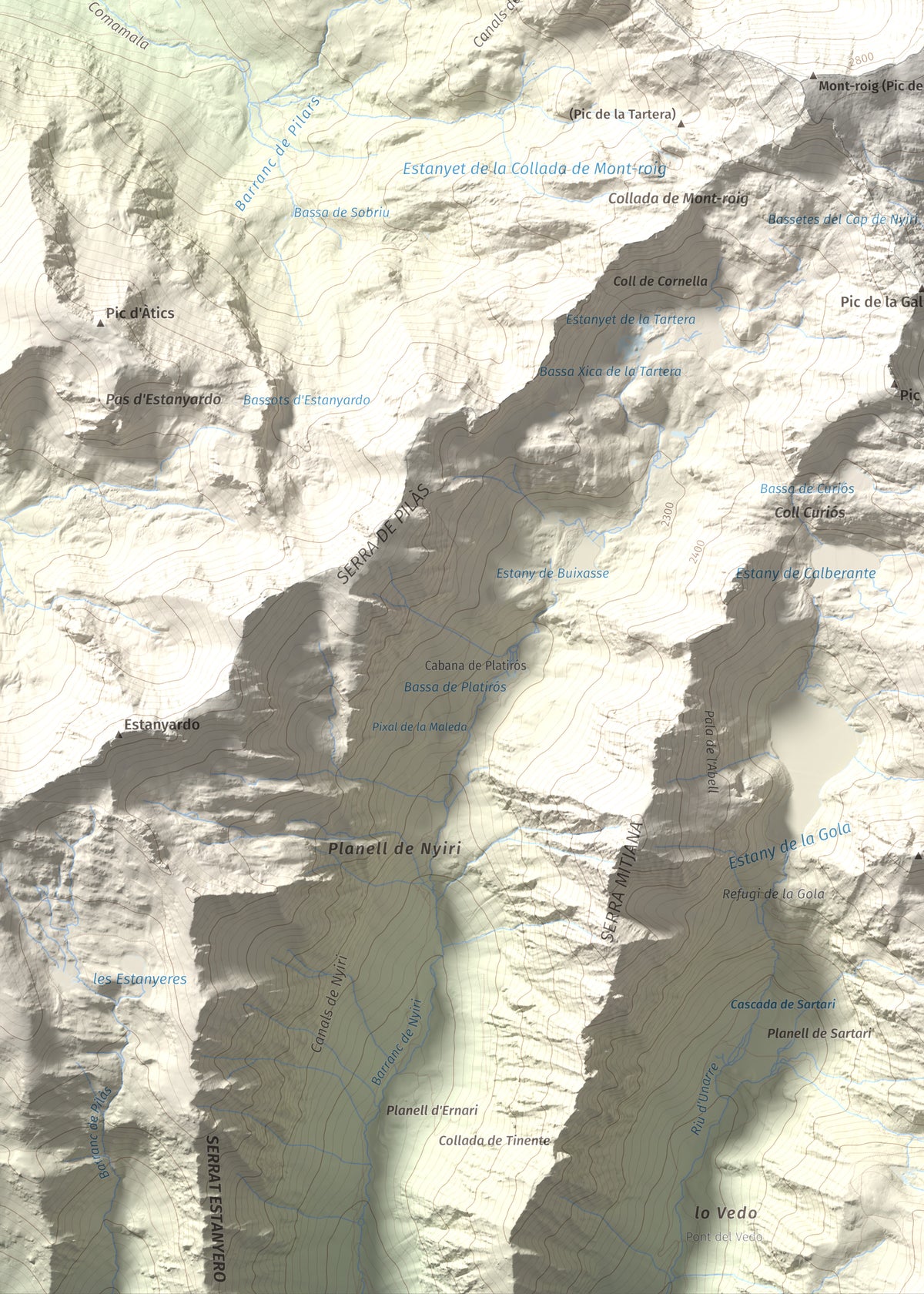 Mapa de relieve de Mont-roig, 2864 m, Pallars Sobirà, lámina 100 Cims de Trobart. Detalle de la zona inferior izquierda. 50 × 70 cm.