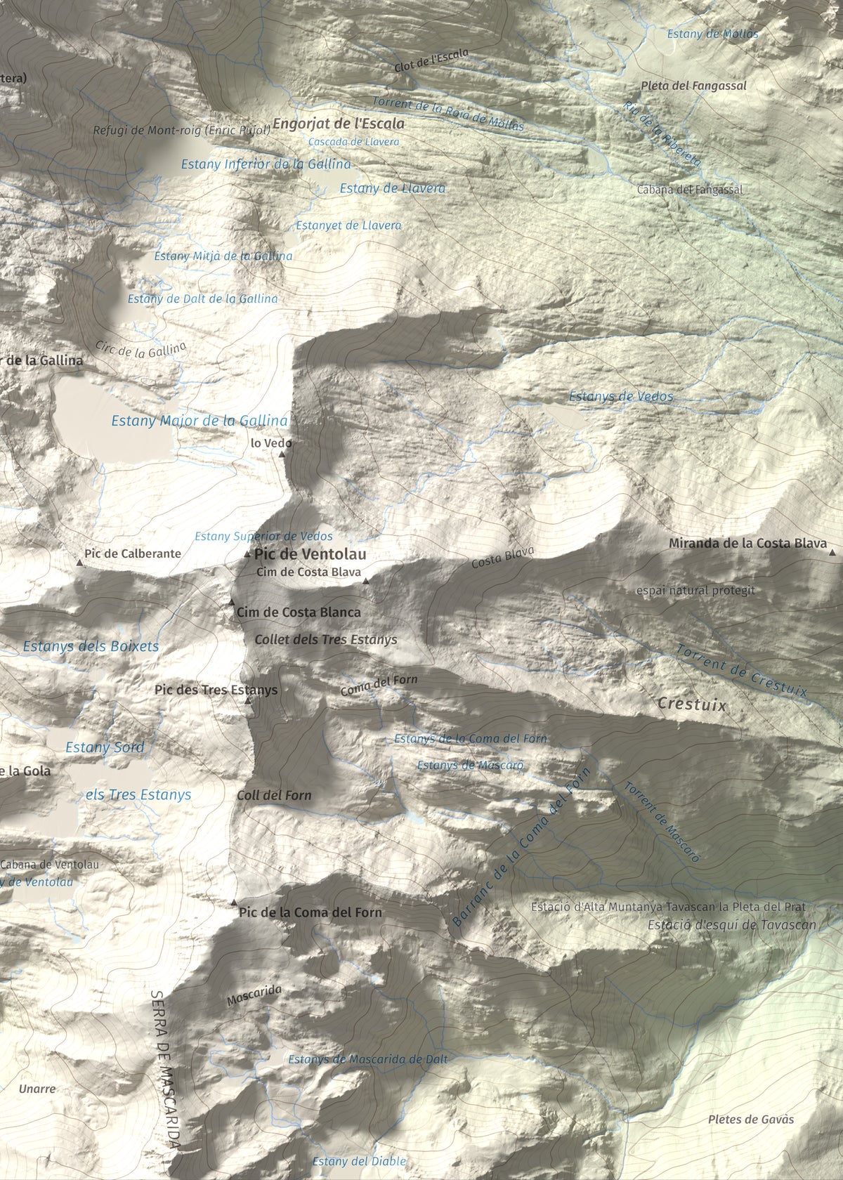 Mapa de relieve de Mont-roig, 2864 m, Pallars Sobirà, lámina 100 Cims de Trobart. Detalle de la zona inferior derecha. 50 × 70 cm.