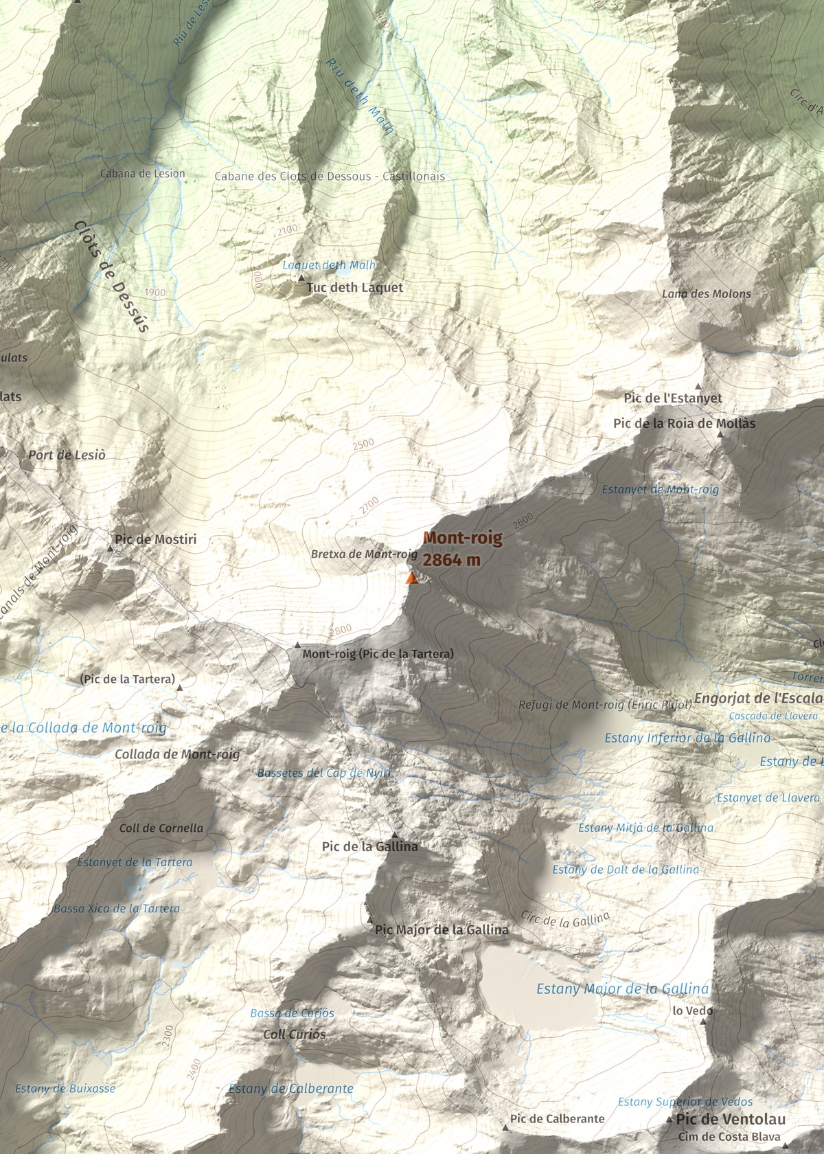 Mapa de relieve de Mont-roig, 2864 m, Pallars Sobirà, lámina 100 Cims de Trobart. Detalle de la zona central. 50 × 70 cm.