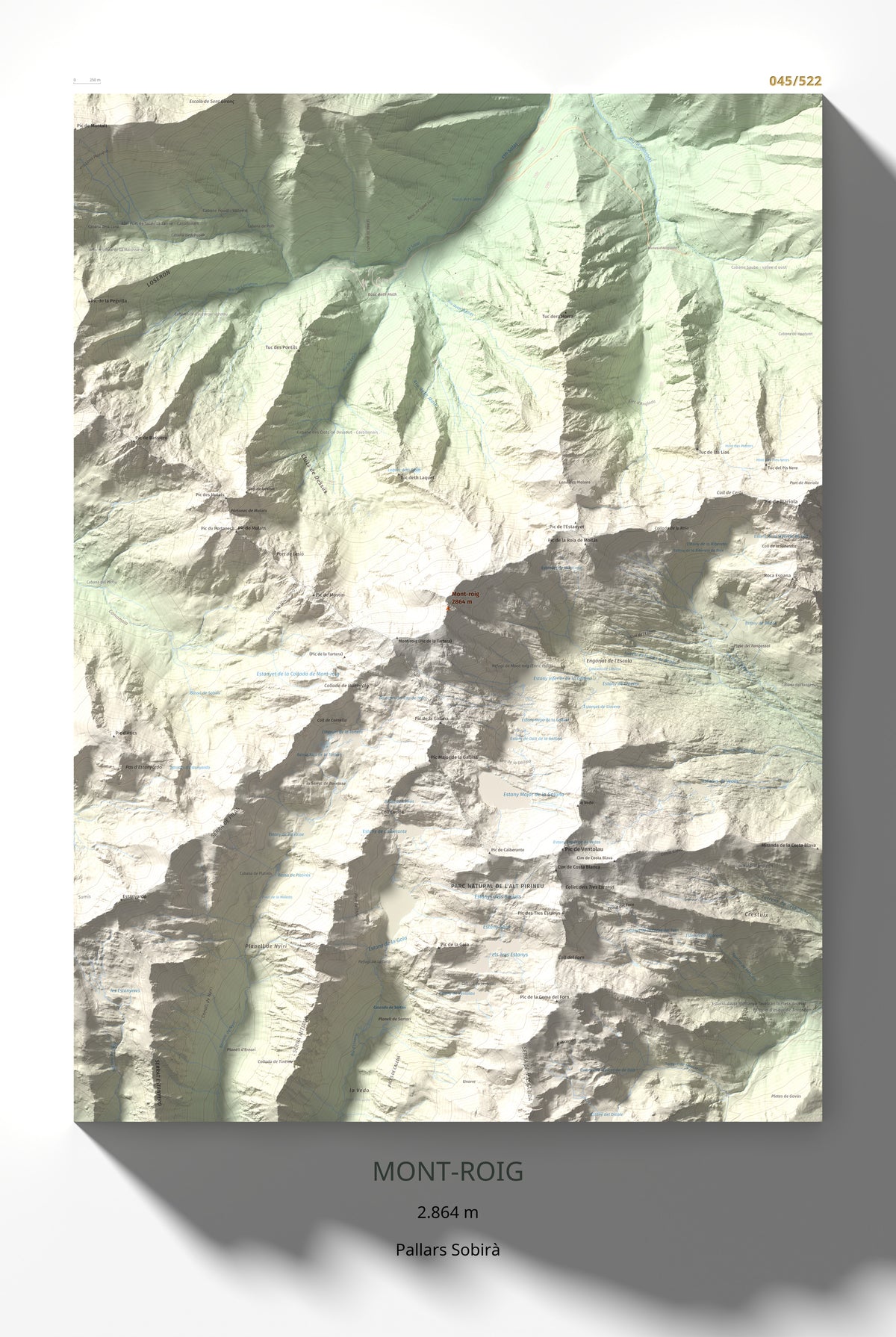 Mapa de relieve de Mont-roig, 2864 m, Pallars Sobirà, lámina 100 Cims de Trobart 61 × 91 cm.