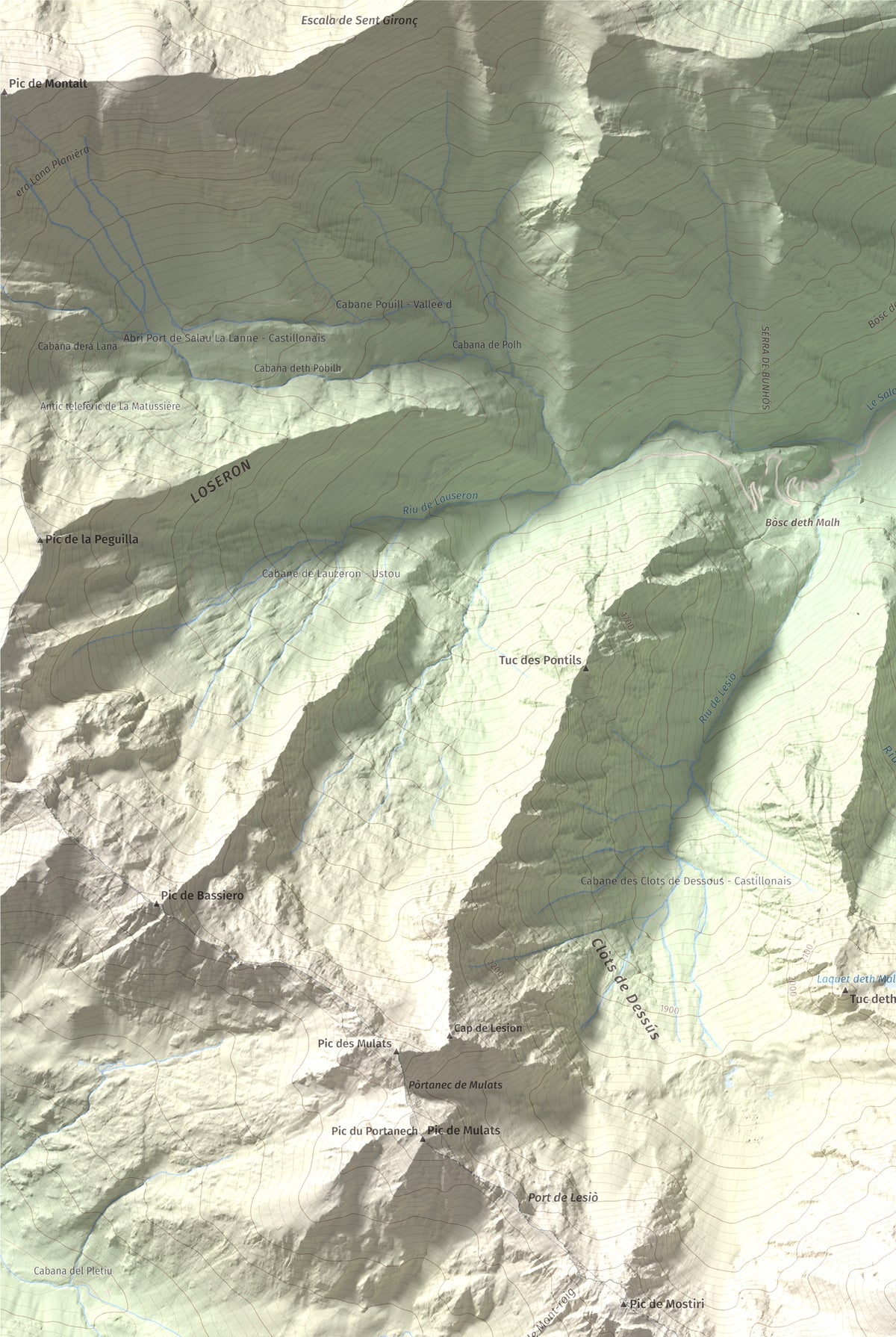 Mapa de relieve de Mont-roig, 2864 m, Pallars Sobirà, lámina 100 Cims de Trobart. Detalle de la zona superior izquierda. 61 × 91 cm.
