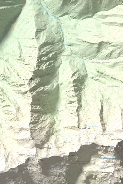 Mapa de relieve de Mont-roig, 2864 m, Pallars Sobirà, lámina 100 Cims de Trobart. Detalle de la zona superior derecha. 61 × 91 cm.