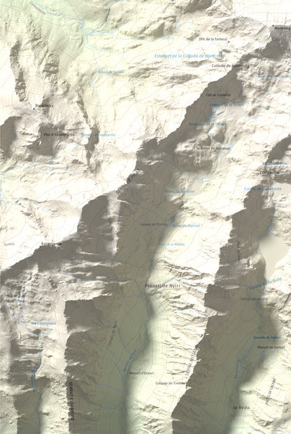 Mapa de relieve de Mont-roig, 2864 m, Pallars Sobirà, lámina 100 Cims de Trobart. Detalle de la zona inferior izquierda. 61 × 91 cm.