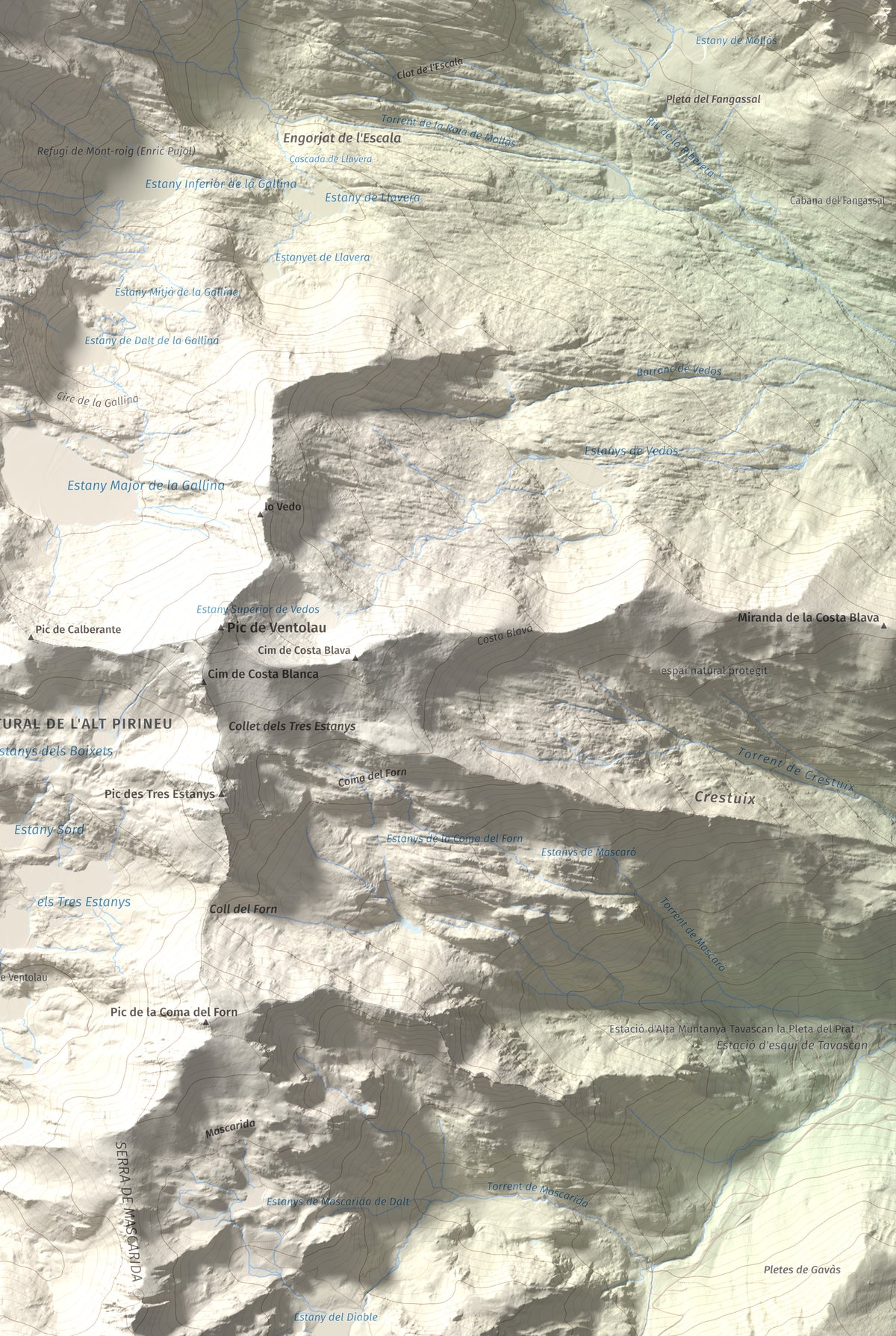 Mapa de relieve de Mont-roig, 2864 m, Pallars Sobirà, lámina 100 Cims de Trobart. Detalle de la zona inferior derecha. 61 × 91 cm.
