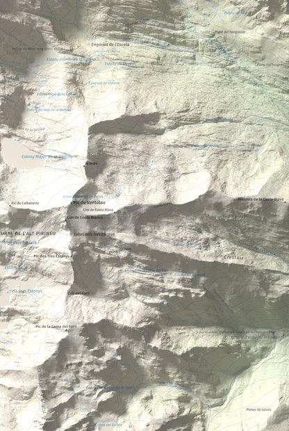 Mapa de relieve de Mont-roig, 2864 m, Pallars Sobirà, lámina 100 Cims de Trobart. Detalle de la zona inferior derecha. 61 × 91 cm.