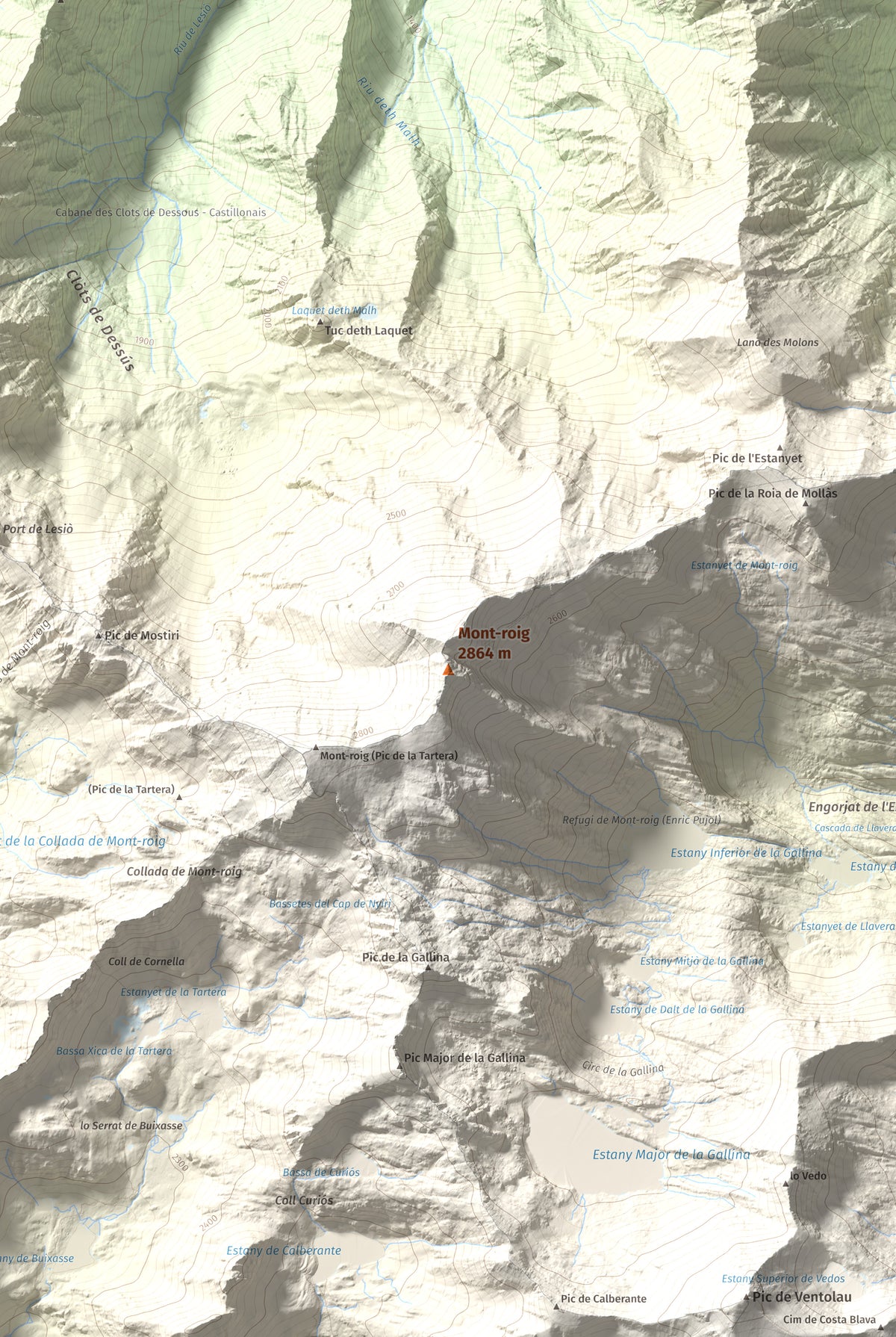 Mapa de relieve de Mont-roig, 2864 m, Pallars Sobirà, lámina 100 Cims de Trobart. Detalle de la zona central. 61 × 91 cm.