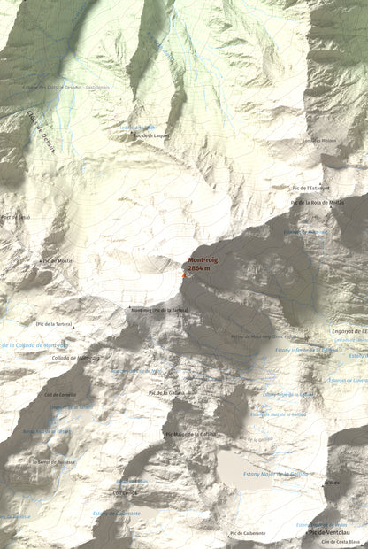 Mapa de relieve de Mont-roig, 2864 m, Pallars Sobirà, lámina 100 Cims de Trobart. Detalle de la zona central. 61 × 91 cm.