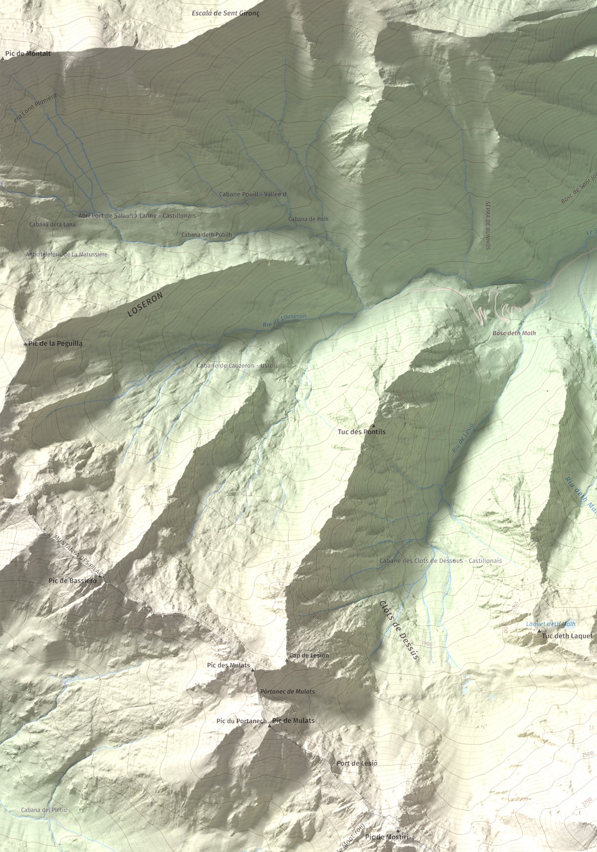 Mapa de relieve de Mont-roig, 2864 m, Pallars Sobirà, lámina 100 Cims de Trobart. Detalle de la zona superior izquierda. 70 × 100 cm.