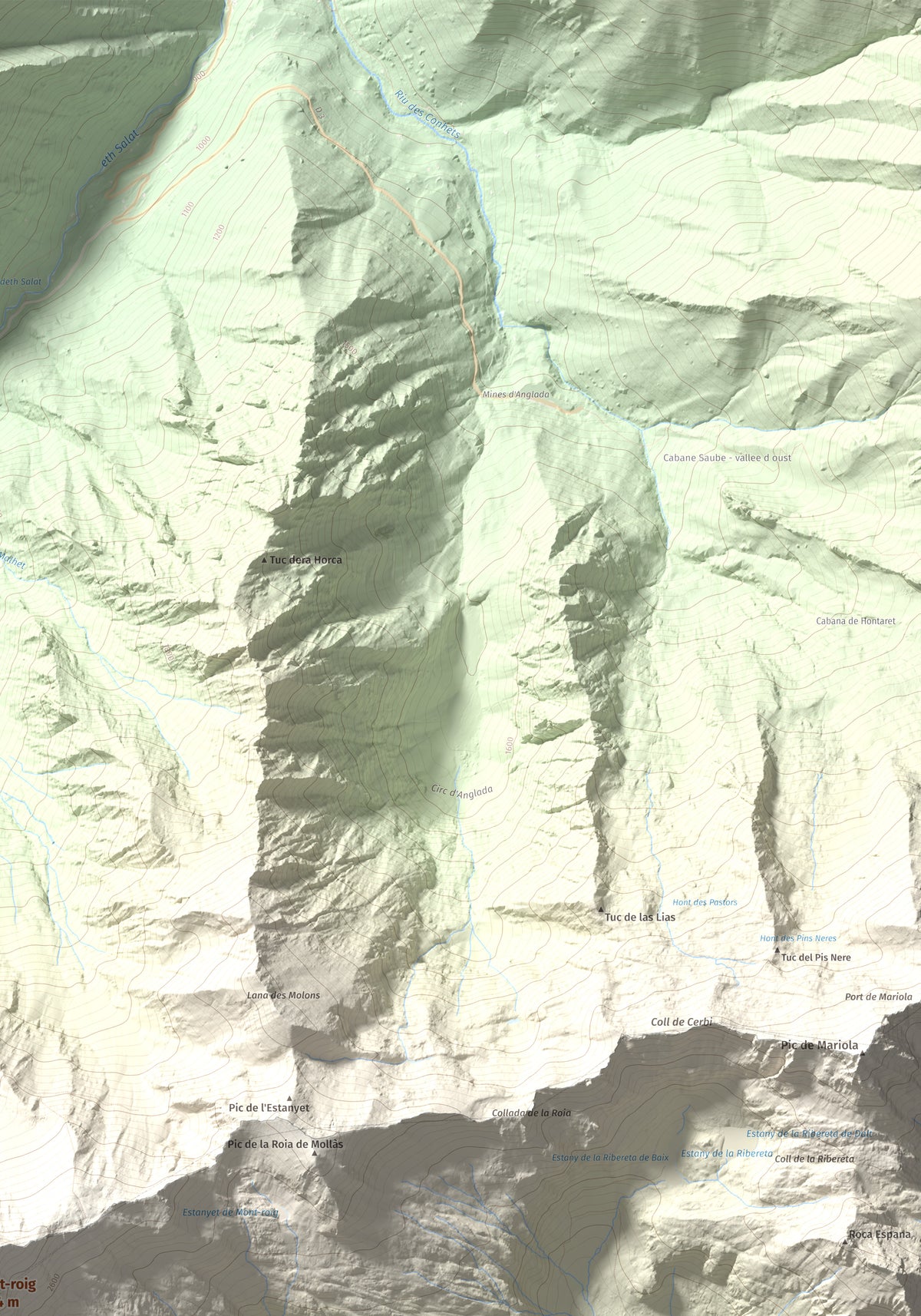 Mapa de relieve de Mont-roig, 2864 m, Pallars Sobirà, lámina 100 Cims de Trobart. Detalle de la zona superior derecha. 70 × 100 cm.