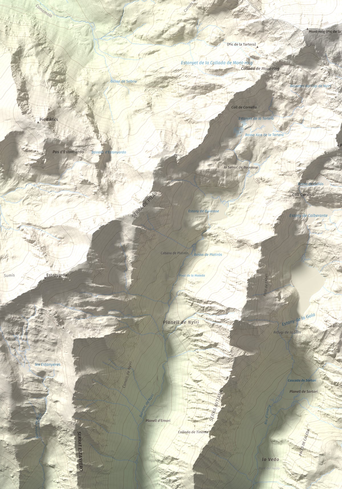 Mapa de relieve de Mont-roig, 2864 m, Pallars Sobirà, lámina 100 Cims de Trobart. Detalle de la zona inferior izquierda. 70 × 100 cm.