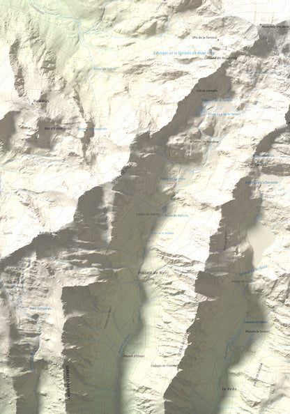Mapa de relieve de Mont-roig, 2864 m, Pallars Sobirà, lámina 100 Cims de Trobart. Detalle de la zona inferior izquierda. 70 × 100 cm.