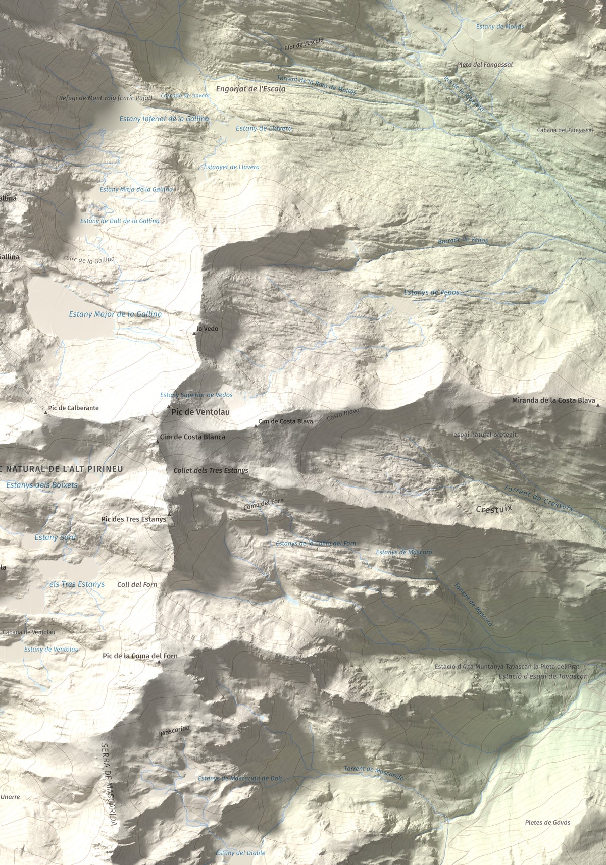 Mapa de relieve de Mont-roig, 2864 m, Pallars Sobirà, lámina 100 Cims de Trobart. Detalle de la zona inferior derecha. 70 × 100 cm.
