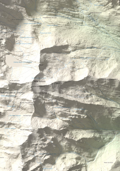 Mapa de relieve de Mont-roig, 2864 m, Pallars Sobirà, lámina 100 Cims de Trobart. Detalle de la zona inferior derecha. 70 × 100 cm.