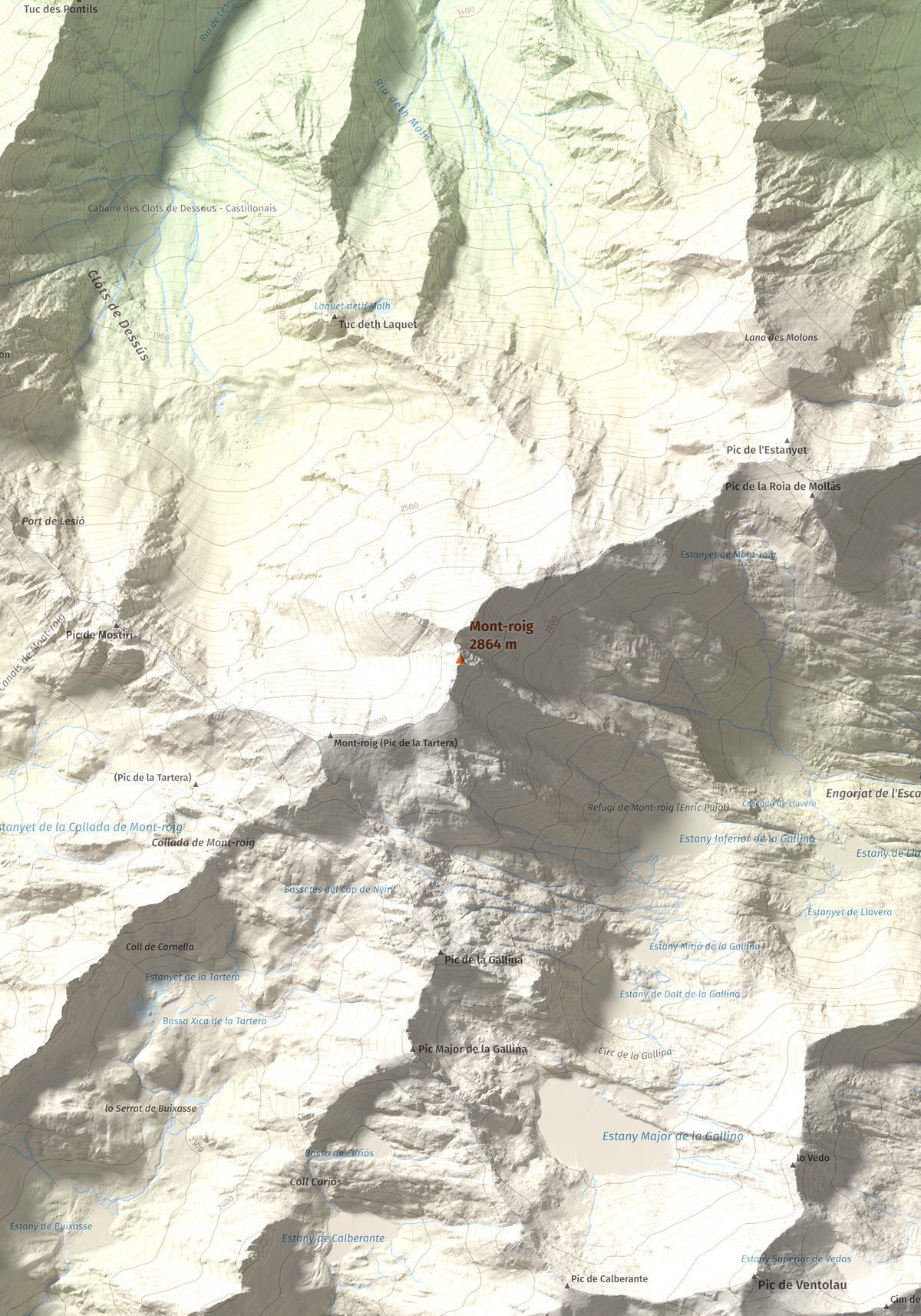 Mapa de relieve de Mont-roig, 2864 m, Pallars Sobirà, lámina 100 Cims de Trobart. Detalle de la zona central. 70 × 100 cm.
