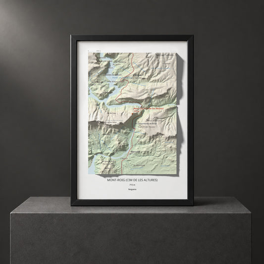 Mapa de relieve de Mont-roig (Cim de les Altures), 715 m, Noguera, lámina 100 Cims de Trobart. Presentación enmarcada. 21 × 30 cm.