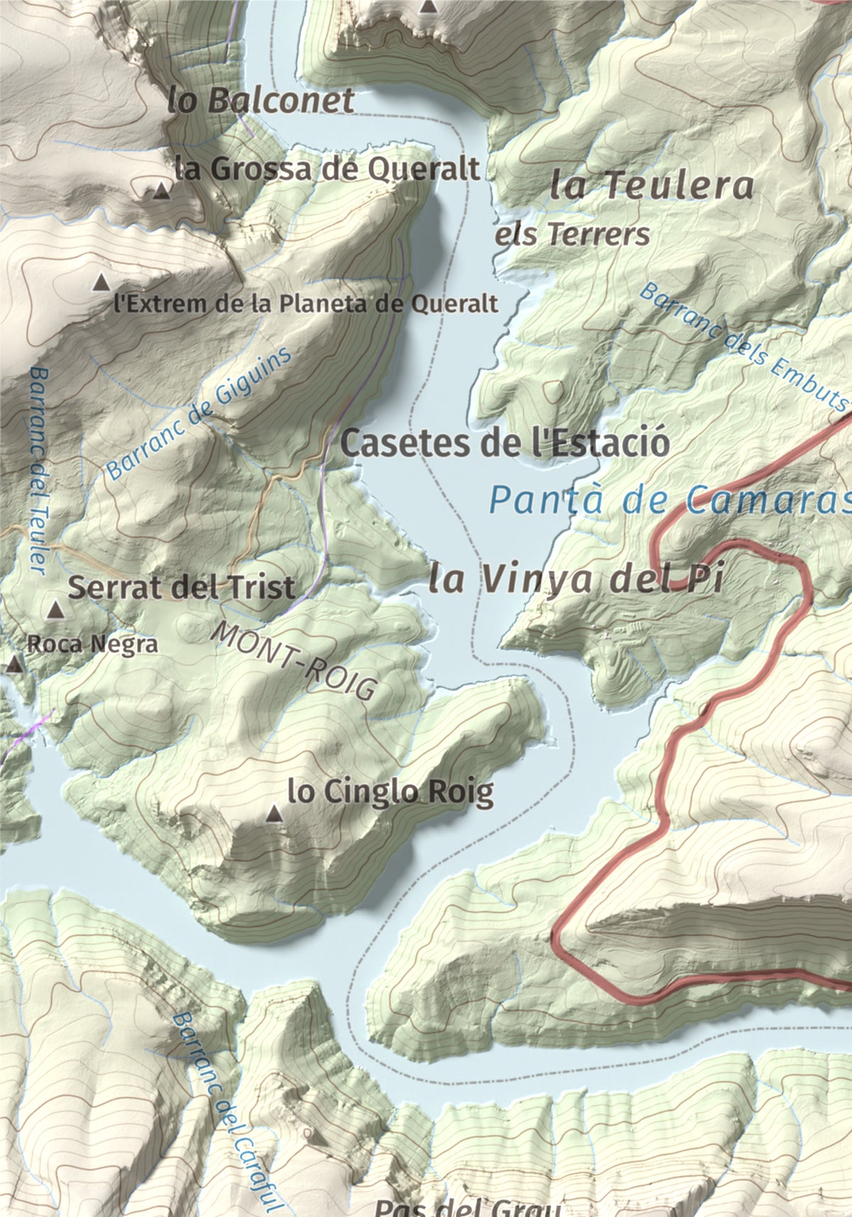 Mapa de relieve de Mont-roig (Cim de les Altures), 715 m, Noguera, lámina 100 Cims de Trobart. Detalle de la zona superior izquierda. 21 × 30 cm.
