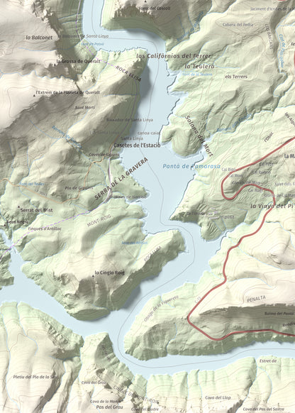 Mapa de relieve de Mont-roig (Cim de les Altures), 715 m, Noguera, lámina 100 Cims de Trobart. Detalle de la zona superior izquierda. 50 × 70 cm.