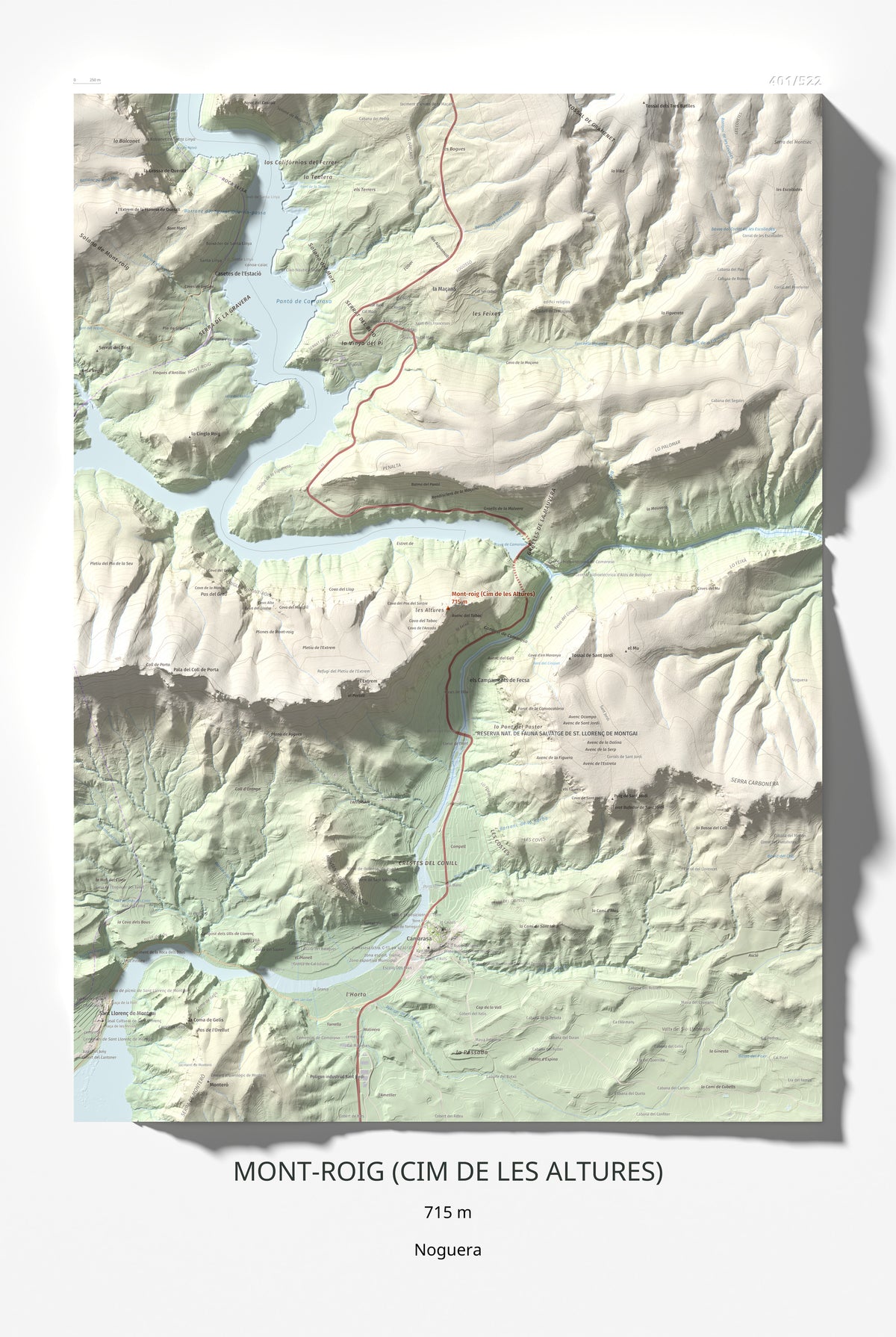 Mapa de relieve de Mont-roig (Cim de les Altures), 715 m, Noguera, lámina 100 Cims de Trobart 61 × 91 cm.