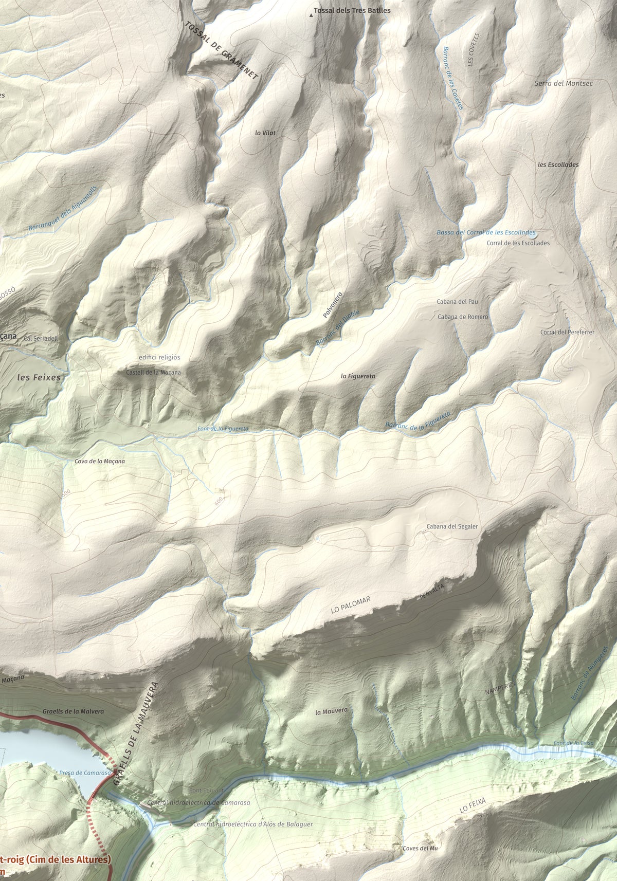 Mapa de relieve de Mont-roig (Cim de les Altures), 715 m, Noguera, lámina 100 Cims de Trobart. Detalle de la zona superior derecha. 70 × 100 cm.