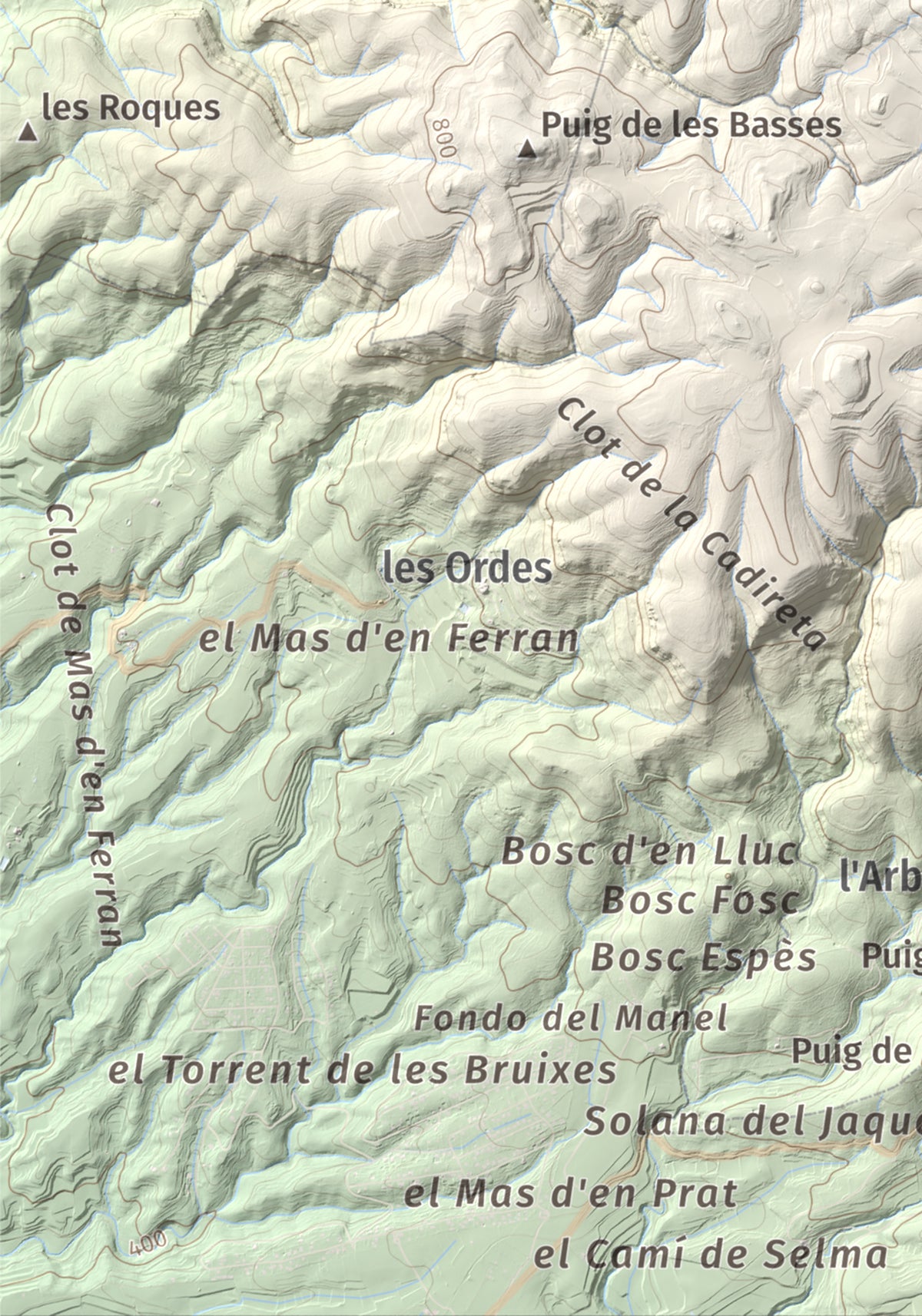 Mapa de relieve de Montagut d'Ancosa, 963 m, Alt Camp, lámina 100 Cims de Trobart. Detalle de la zona inferior izquierda. 21 × 30 cm.