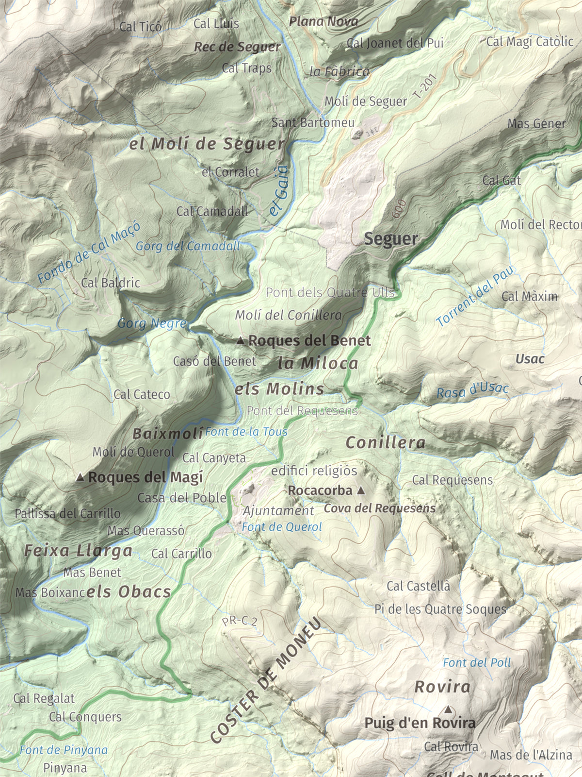 Mapa de relieve de Montagut d'Ancosa, 963 m, Alt Camp, lámina 100 Cims de Trobart. Detalle de la zona superior izquierda. 30 × 40 cm.