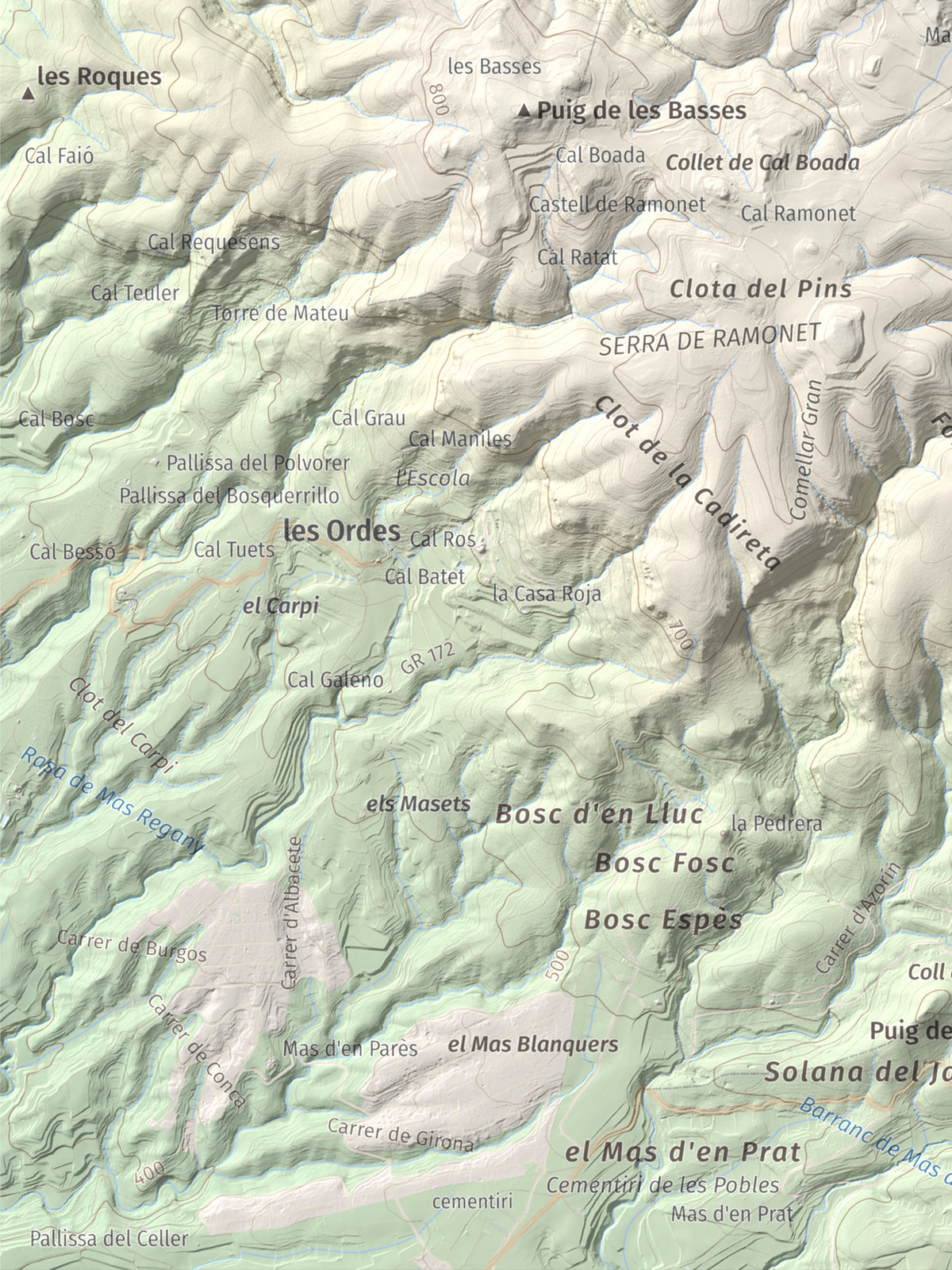 Mapa de relieve de Montagut d'Ancosa, 963 m, Alt Camp, lámina 100 Cims de Trobart. Detalle de la zona inferior izquierda. 30 × 40 cm.