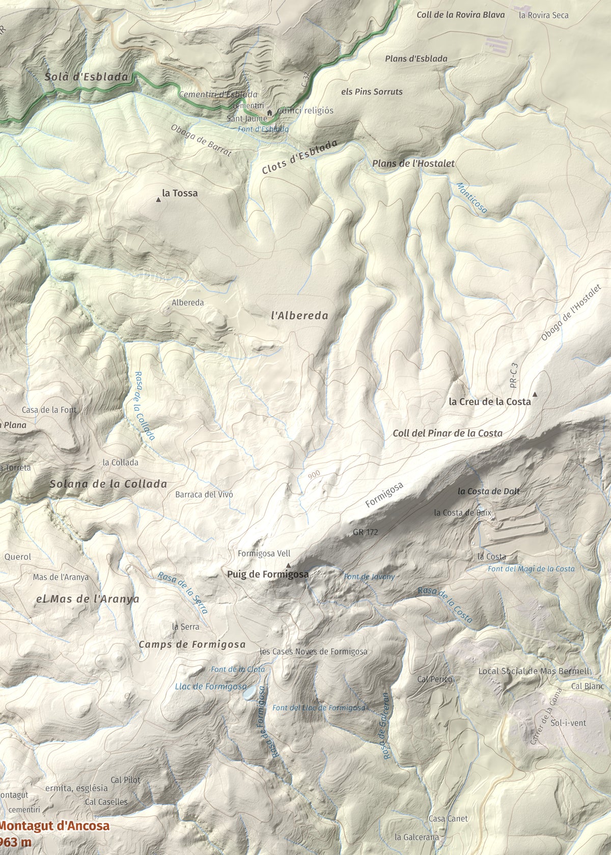 Mapa de relieve de Montagut d'Ancosa, 963 m, Alt Camp, lámina 100 Cims de Trobart. Detalle de la zona superior derecha. 50 × 70 cm.