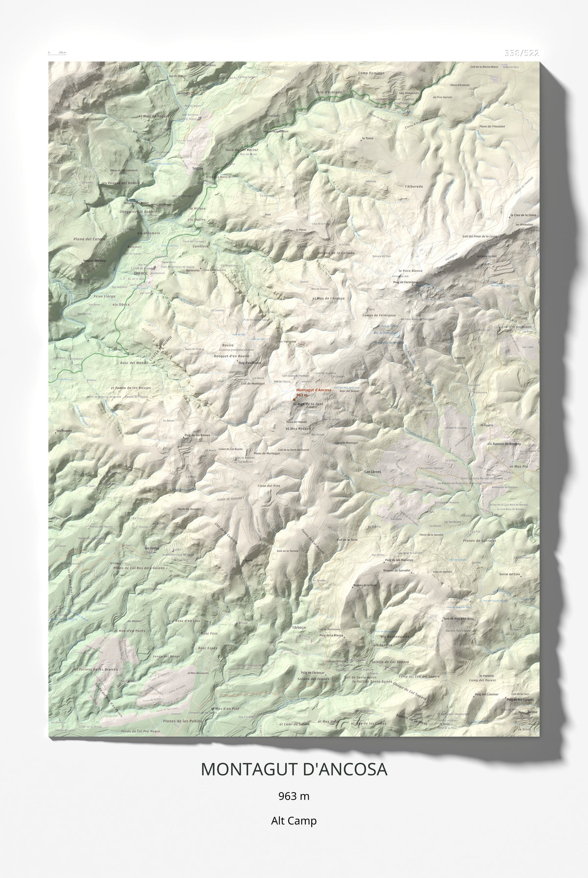 Mapa de relieve de Montagut d'Ancosa, 963 m, Alt Camp, lámina 100 Cims de Trobart 61 × 91 cm.