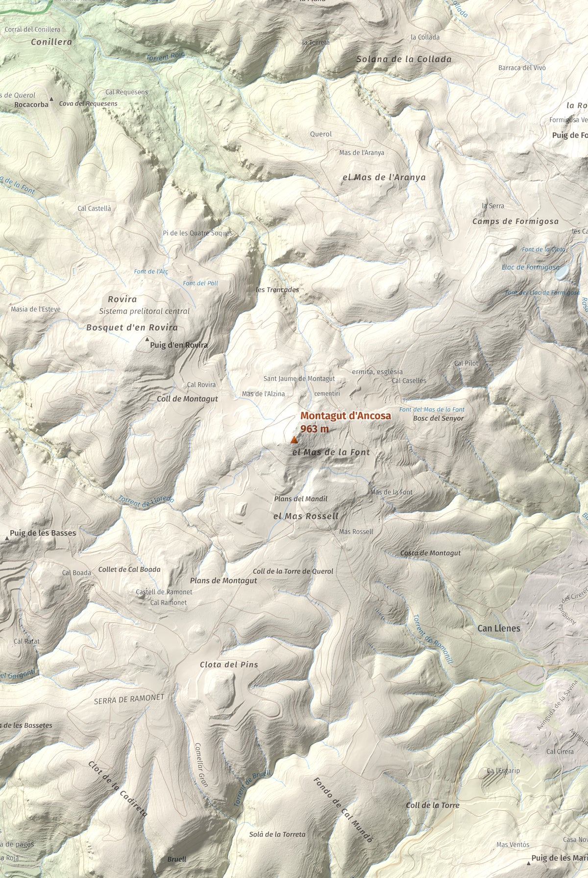 Mapa de relieve de Montagut d'Ancosa, 963 m, Alt Camp, lámina 100 Cims de Trobart. Detalle de la zona central. 61 × 91 cm.