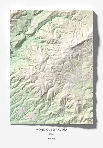 Mapa de relieve de Montagut d'Ancosa, 963 m, Alt Camp, lámina 100 Cims de Trobart 70 × 100 cm.