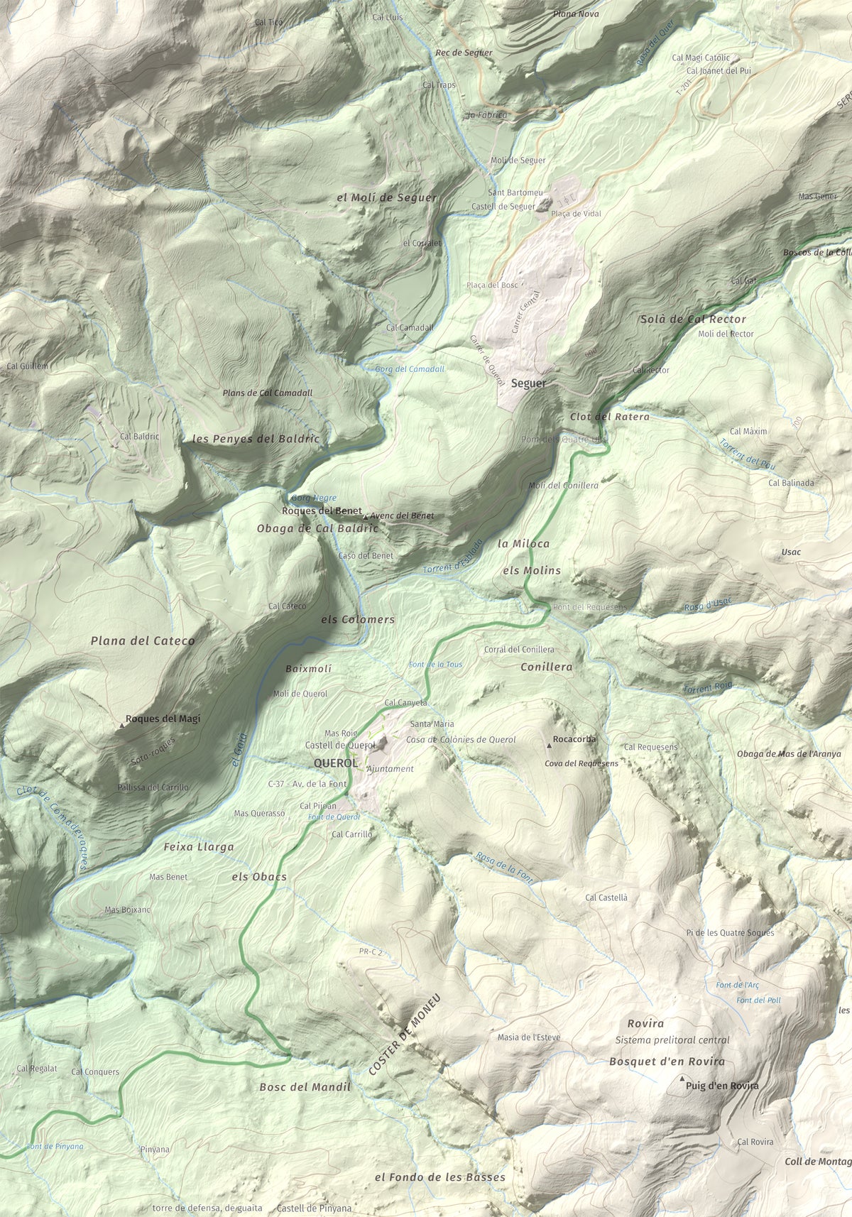Mapa de relieve de Montagut d'Ancosa, 963 m, Alt Camp, lámina 100 Cims de Trobart. Detalle de la zona superior izquierda. 70 × 100 cm.
