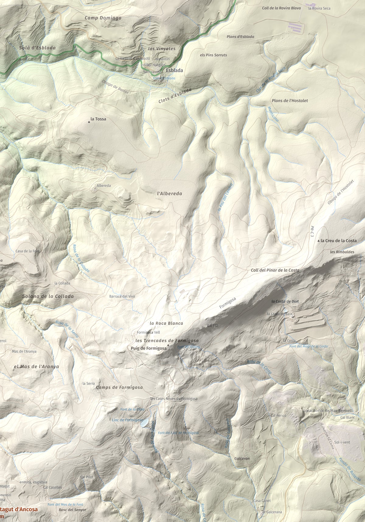 Mapa de relieve de Montagut d'Ancosa, 963 m, Alt Camp, lámina 100 Cims de Trobart. Detalle de la zona superior derecha. 70 × 100 cm.