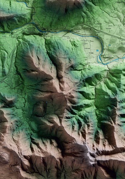 Mapa artístico del relieve de Montagut i Oix, a la Garrotxa, con 15 km de entorno y base topográfica ICGC. Detalle de la zona inferior izquierda.