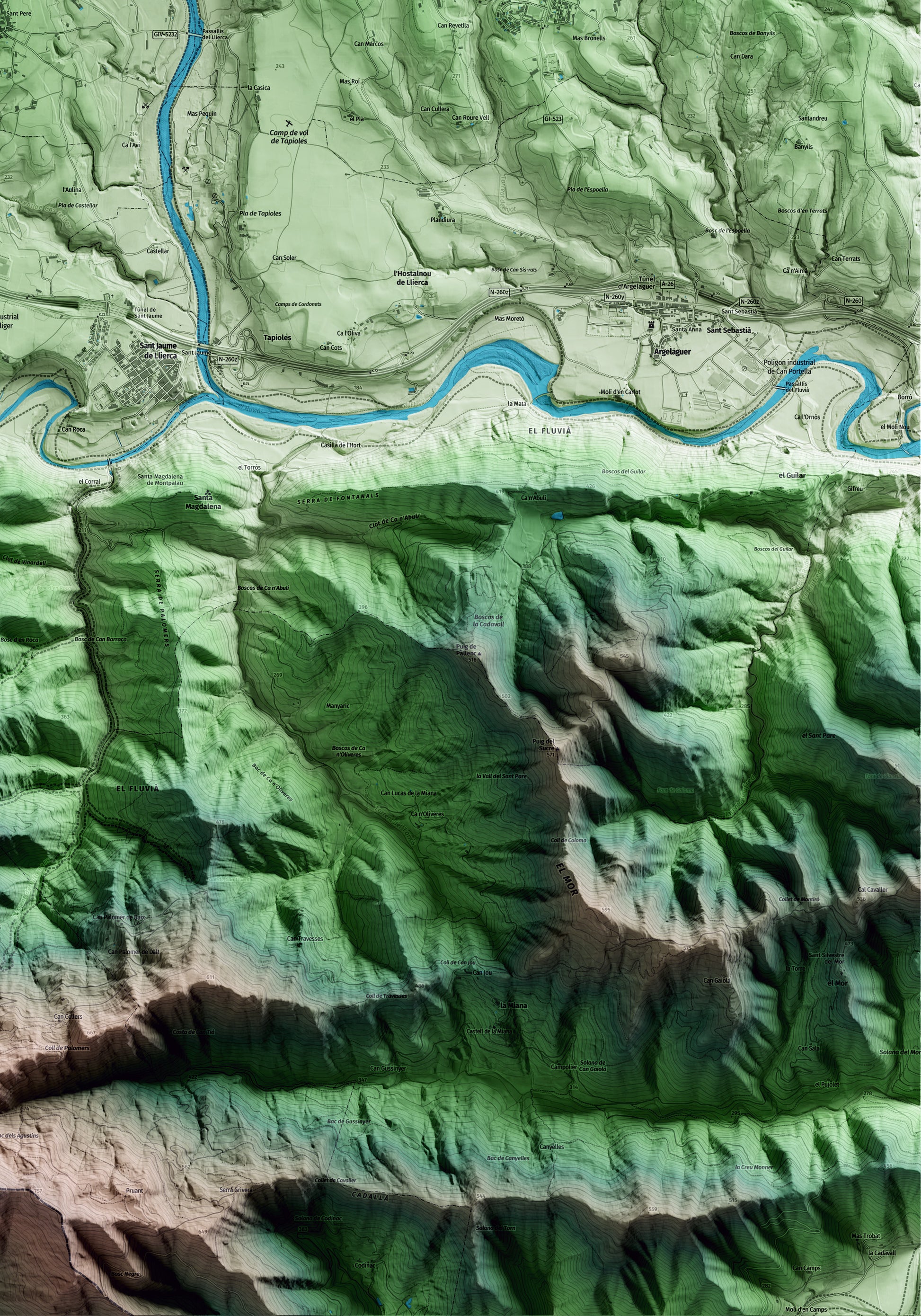 Mapa artístico del relieve de Montagut i Oix, a la Garrotxa, con 15 km de entorno y base topográfica ICGC. Detalle de la zona inferior derecha.