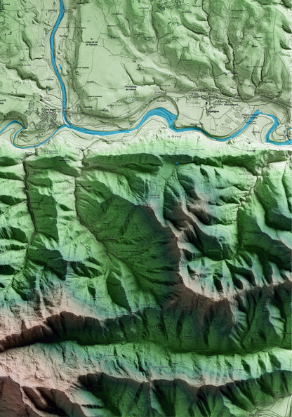 Mapa artístico del relieve de Montagut i Oix, a la Garrotxa, con 15 km de entorno y base topográfica ICGC. Detalle de la zona inferior derecha.
