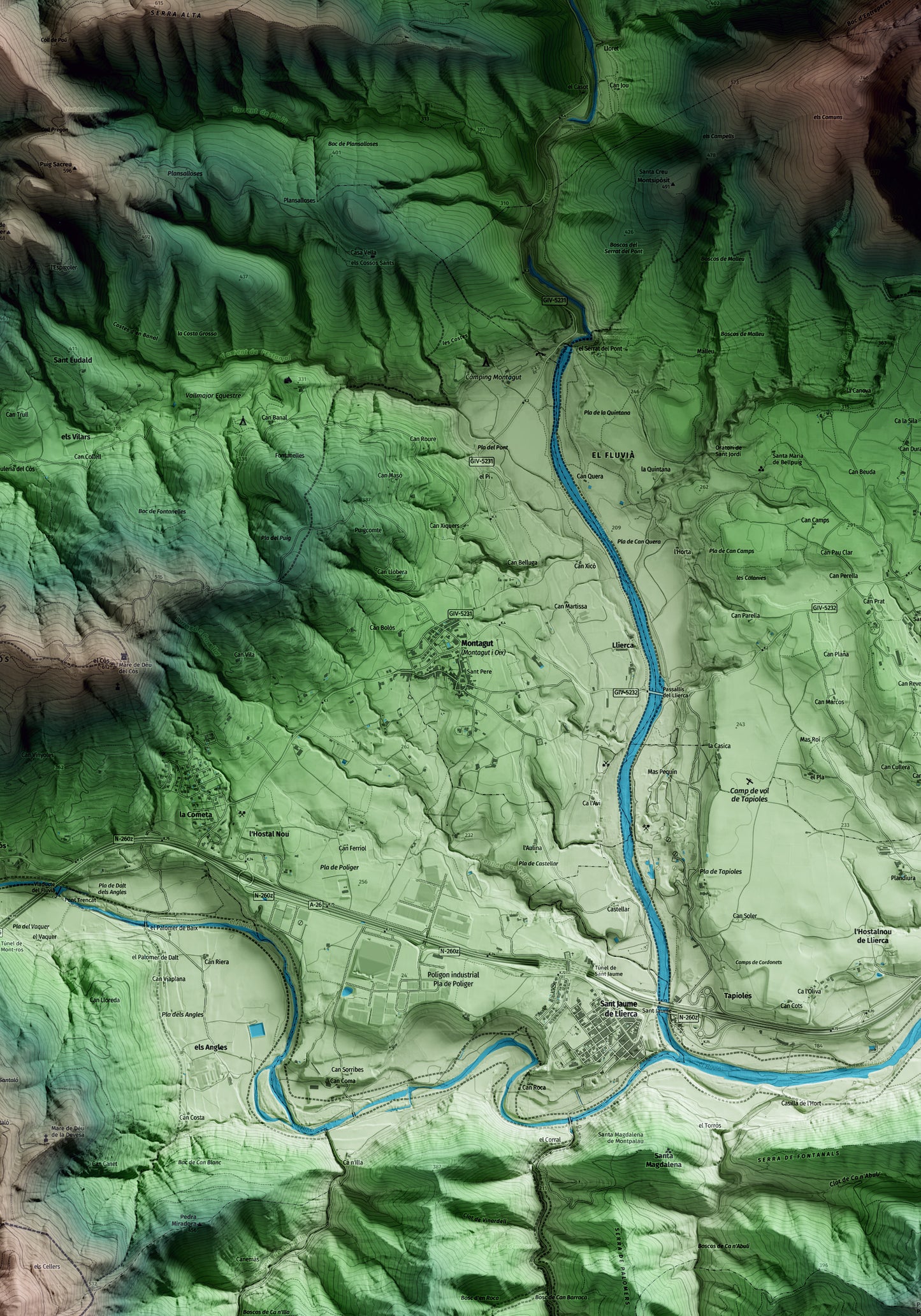 Mapa artístico del relieve de Montagut i Oix, a la Garrotxa, con 15 km de entorno y base topográfica ICGC. Detalle de la zona central.