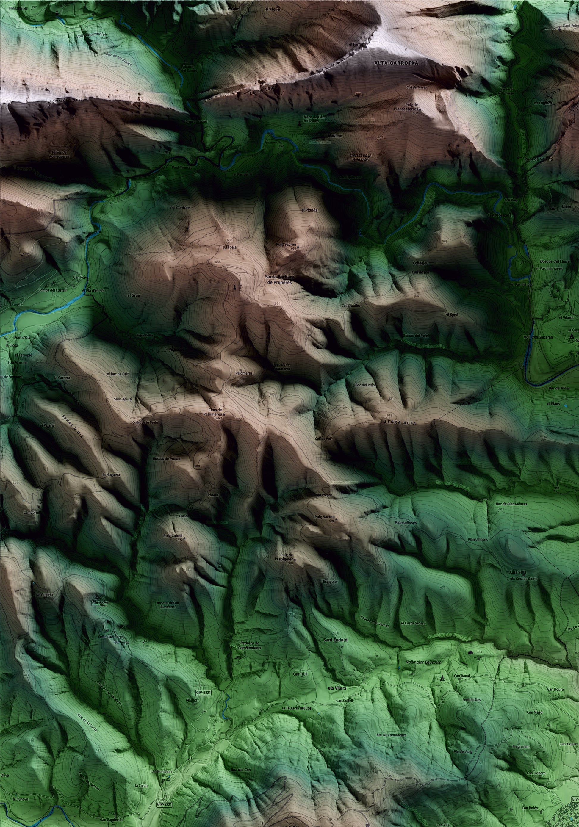 Mapa artístico del relieve de Montagut i Oix, a la Garrotxa, con 15 km de entorno y base topográfica ICGC. Detalle de la zona superior izquierda.