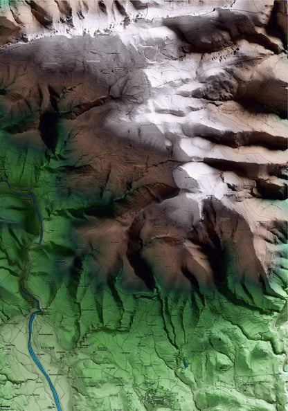 Mapa artístico del relieve de Montagut i Oix, a la Garrotxa, con 15 km de entorno y base topográfica ICGC. Detalle de la zona superior derecha.