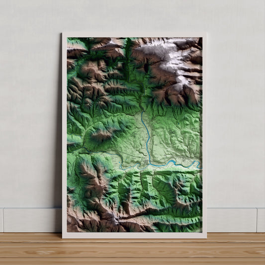 Mapa artístico del relieve de Montagut i Oix, a la Garrotxa, con 15 km de entorno y base topográfica ICGC. Presentación enmarcada.