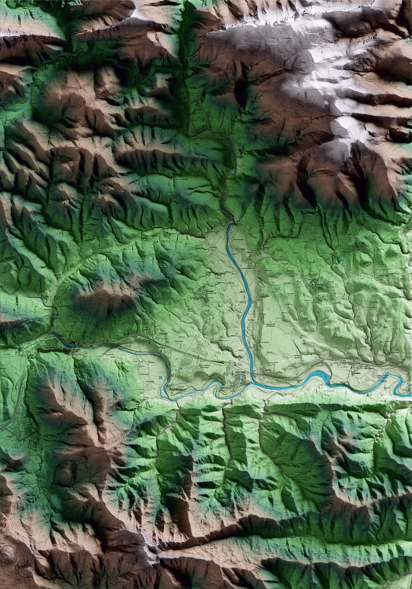Mapa artístico del relieve de Montagut i Oix, a la Garrotxa, con 15 km de entorno y base topográfica ICGC