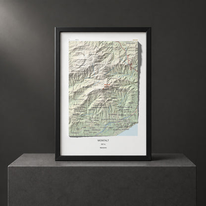 Mapa de relieve de Montalt, 597 m, Maresme, lámina 100 Cims de Trobart. Presentación enmarcada. 21 × 30 cm.