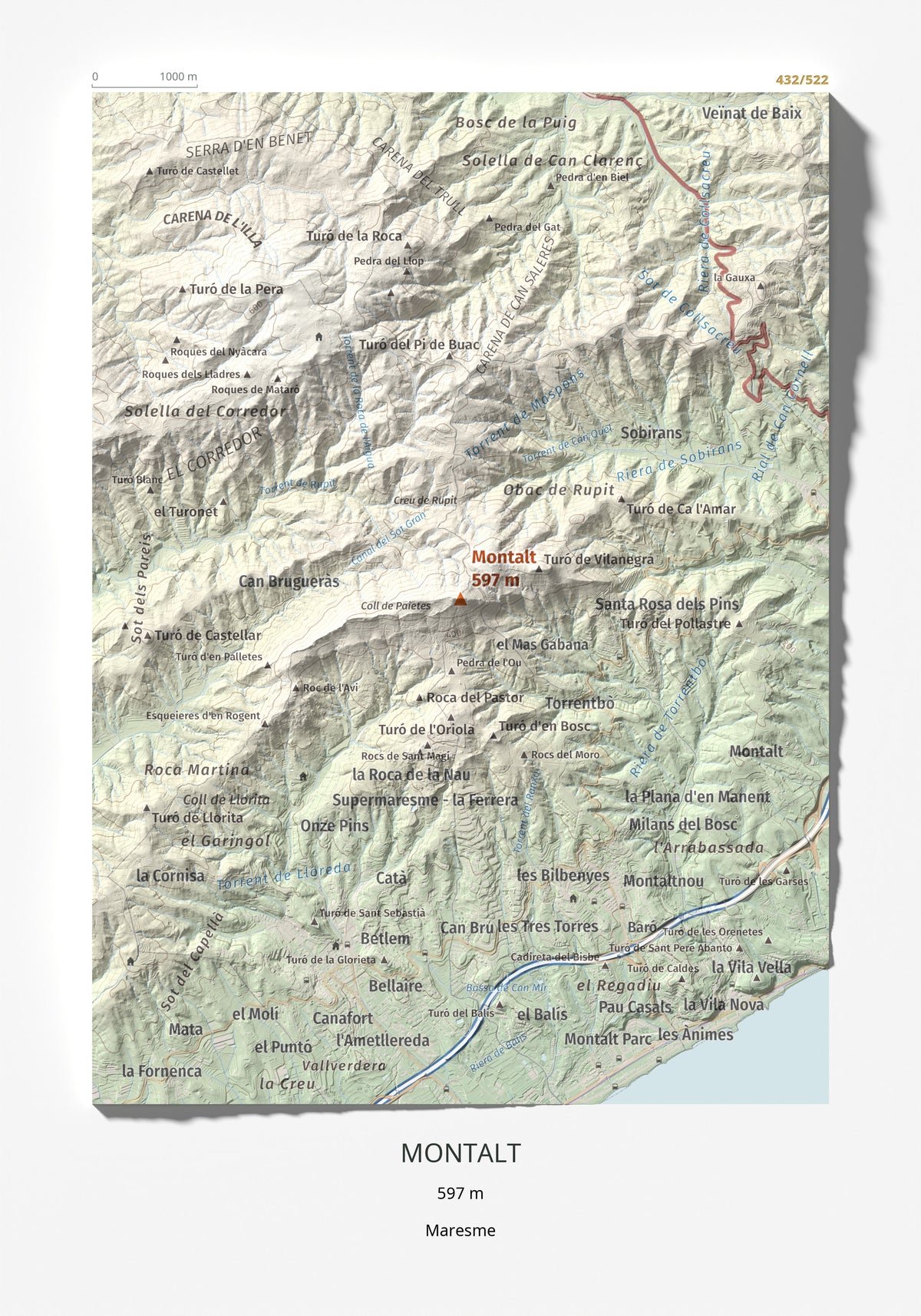 Mapa de relieve de Montalt, 597 m, Maresme, lámina 100 Cims de Trobart 21 × 30 cm.