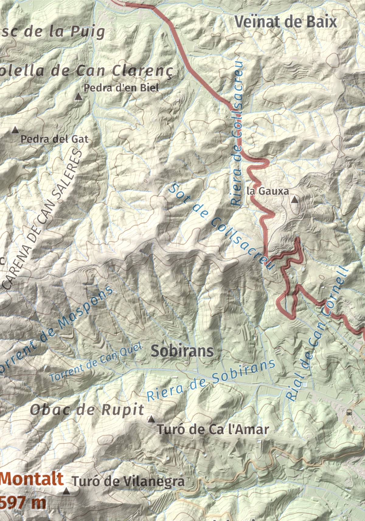 Mapa de relieve de Montalt, 597 m, Maresme, lámina 100 Cims de Trobart. Detalle de la zona superior derecha. 21 × 30 cm.